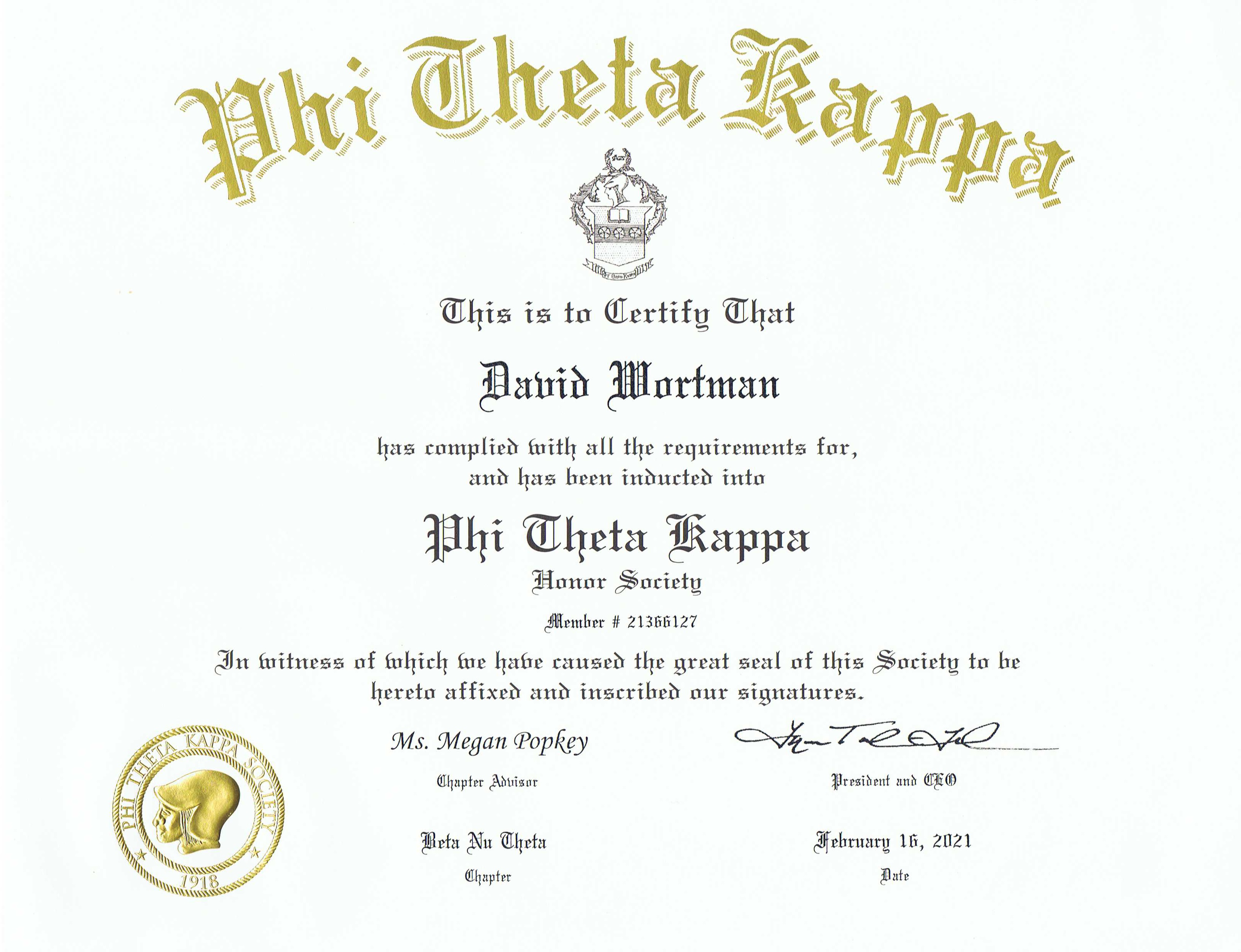Phi Theta Kappa Certificate
